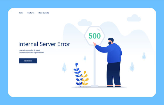 Modern Flat Design Concept Man With Gestures Pointing The 500 Sign, Internal Server Error For Website And Mobile Site. Empty States