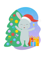 Obraz premium A cute kawaii rabbit in a santa claus hat is happy with the new year and holds a glass of champagne in his paw. New Year tree and gifts. Vector greeting card illustration