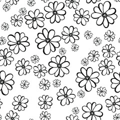 Abstract daisy flower vector seamless pattern. Summer background. Textile print with black daisy flowers isolated on white blue. Summer meadow blossom seamless pattern. Flat abstract design