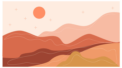 Horizontal abstract landscape. Desert. Boho style. Minimalistic landscape. One line. Trendy print of nature, for pose, for decor, background, for packaging, for web design. © GreatPeachy