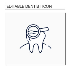 Dental screening line icon. Searching problems, disease treatments. Healthcare concept. Tooth surgery, finding caries, problems. Isolated vector illustration. Editable stroke