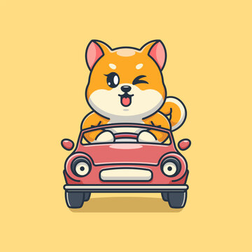 Cute shiba inu dog driving the car cartoon