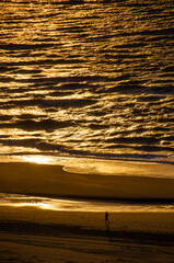 Birds eye view of a beach and ocean in deep golden sunset light with one person silhouetted on the sand