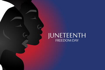 Silhouette of African American woman and man with headdress with juneteenth flag pattern.