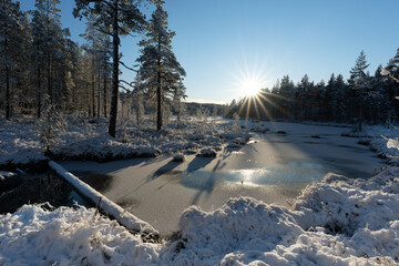 Freezing lake at sunset and sky without clouds