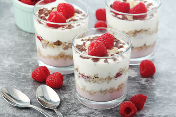 Granola with yogurt trifles with raspberry