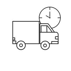 Shipping fast delivery truck with clock icon symbol, Pictogram flat outline design for apps and websites, Isolated on white background, Vector illustration