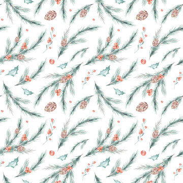 Watercolor christmas floral winter seamless natural pattern with green branches and red berries. Christmas background. New year digital paper © kris_art