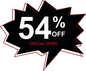 54% off special offer. Banner with fifty-four percent discount on a black and red balloon.