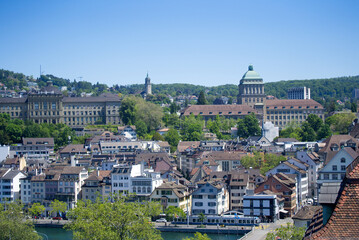 Old town of Zurich with University UZH and ETHZ technical school (Swiss Federal Institute of Technology) main campus. Photo taken June 1st, 2021, Zurich, Switzerland.