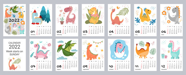 Children's calendar template for 2022. Bright vertical design with abstract dinosaurs in a flat style. Editable vector illustration, set of 12 months with a cap. The week starts on Sunday.