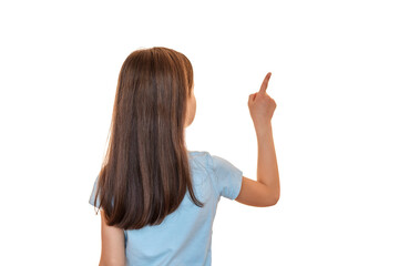Fototapeta na wymiar Girl back to the camera with long hair. The child shows a thumb up on a white background