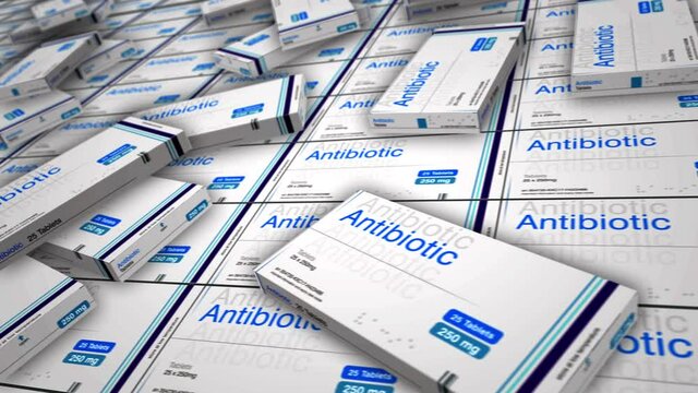 Antibiotic pack production line. Medical therapy drug box factory. Abstract concept 3d rendering loopable seamless animation.