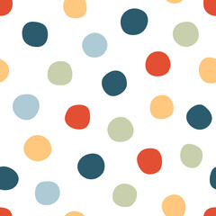 Seamless pattern with colorful polka dot. Vector elements in doodle style for background, wallpaper, textile, cover, banner, greeting card. Simple, fun design. Modern graphic for holiday. Trendy 