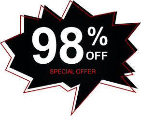 98% off special offer. Banner with ninety-eight percent discount on a black and red balloon.
