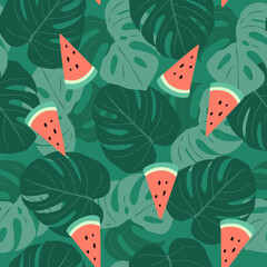 Summer palms and watermelon seamless pattern