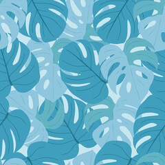 Blue summer Monstera leaves seamless pattern © Daria