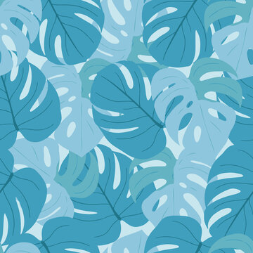 Blue summer Monstera leaves seamless pattern