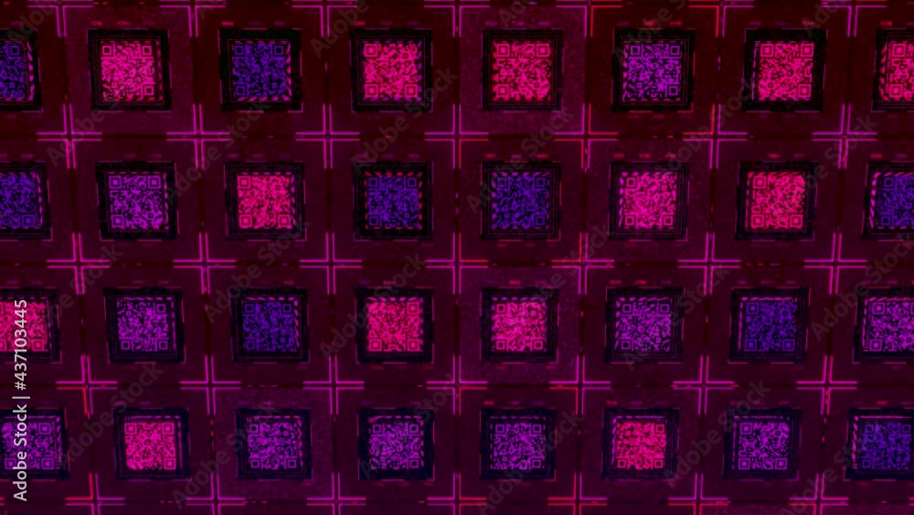 Poster global online data and technologies concept. animation. abstract glowing rows of many small qr codes
