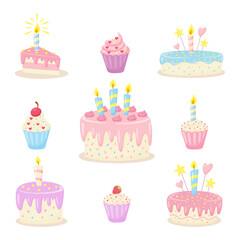 Set of cute birthday cakes with candles and cupcakes