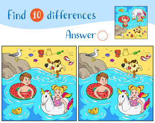 Find 10 differences. Educational game for children. Cheerful boy and girl swim on rubber rings in the water, a dog jumps on the shore, a seagull sits on a stone