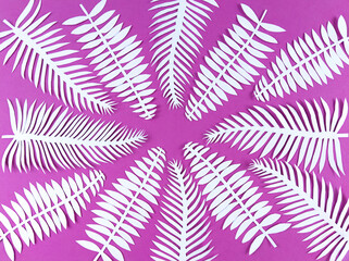 White paper cut leaves on pink background.