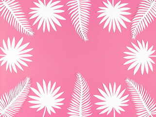 Fototapeta na wymiar Tropical paper leaves on pink background, flat lay with copy space.