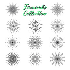 Fireworks silhouette black icons collection. Holiday and party celebration explosion, festival or carnival firecracker. Vector burst contour pattern graphic shaped set isolated on white background.
