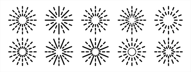 Set of light rays, sunburst and rays of sun. Sunburst collectin. Big set sunburst. Sun rays set. Burst symbol. Linear style.