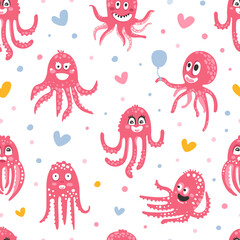 Cute Pink Octopus Seamless Pattern Design, Funny Sea Creature Character Background, Wallpaper, Textile, Packaging Vector Illustration
