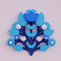 3d folk art illustration, cartoon flower folk art compositions, colorful render illustration