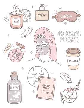 Stickers set. Vector illustration, outline drawing. Hairpins, salt and bath bomb, aroma candle, lotion, matcha. Lettering no drama please. Portrait of a girl with a face mask, beauty rituals, home spa
