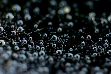 Blue toned natural backdrop made of spiderweb.Abstract background made of macro photo of waterdrops sparkling on light with blurred bokeh effect