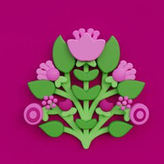 3d folk art illustration, cartoon flower folk art compositions, colorful render illustration