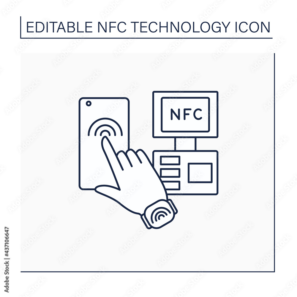 Poster nfc line icon. payment system in supermarkets. smart clock. near field communication. contactless pa