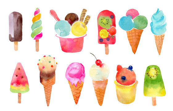 Ice cream watercolor illustration set. Hand drawn popsicles clipart. Isolated on white background. 