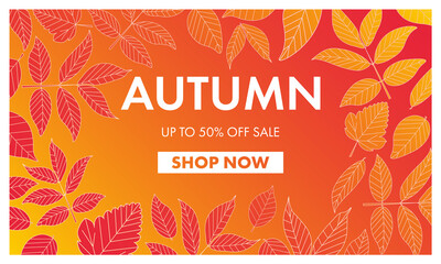 Banner for Autumn sale with colorful seasonal fall leaves  for shopping discount promotion. Vector illustration.  Autumn gradient