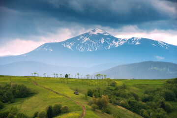 Carpathian alpine valley at stormy weather