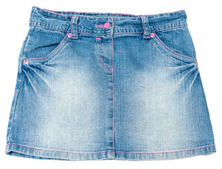 Denim skirt in blue isolated over white background. Mini. Close-up.