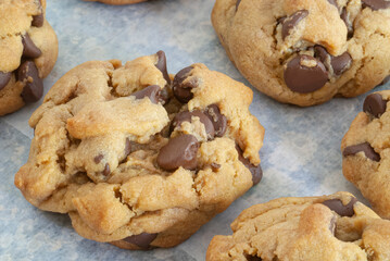 Close up of chocolatechip cookies fresh from the oven
