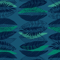 Seamless pattern with tropical leaves in retro 1970s style. Night in Jungle concept. Vector illustration on dark blue backgroud for surface design and other design projects