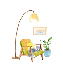 Watercolor illustration with cat sleeping in armchair - 437108430
