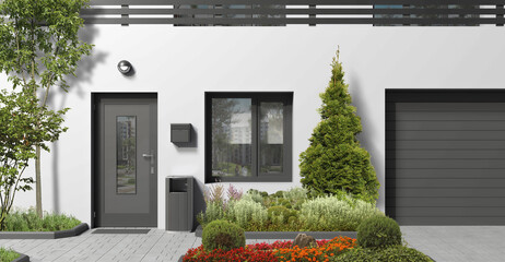 Modern monochrome architectural element of the building facade. 3D rendering of a city house with a dark front door, window, trees and plants.