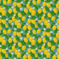 Seamless pattern of lemons on branches with flowers on a blue background