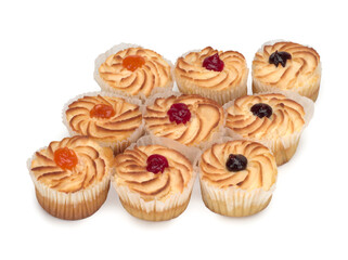Curd Cakes with fruit filling on white background