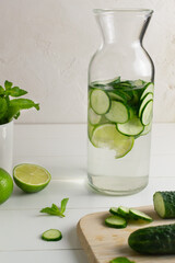 A jug of fresh water infused with cucumbers and mint sprigs, a detox drink, with ingredients around. Health care, fitness, healthy food concept.
