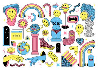 Surreal sticker pack. Ancient culpture, emoji, rainbow, arch, space, stairs etc in trendy weird cartoon style.