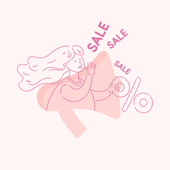 A young girl tells everyone the news. Conceptual vector illustration. Sale poster. A happy woman shares information.