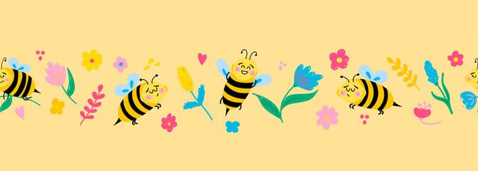 Vector seamless border with cute cartoon bees and flowers on a yellow background. Children's illustration for pajamas, clothes, fabrics, postcards.