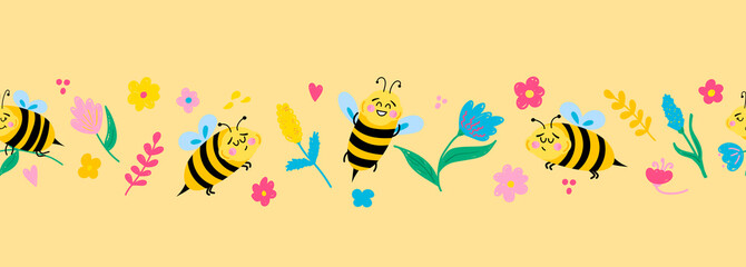 Vector seamless border with cute cartoon bees and flowers on a yellow background. Children's illustration for pajamas, clothes, fabrics, postcards.